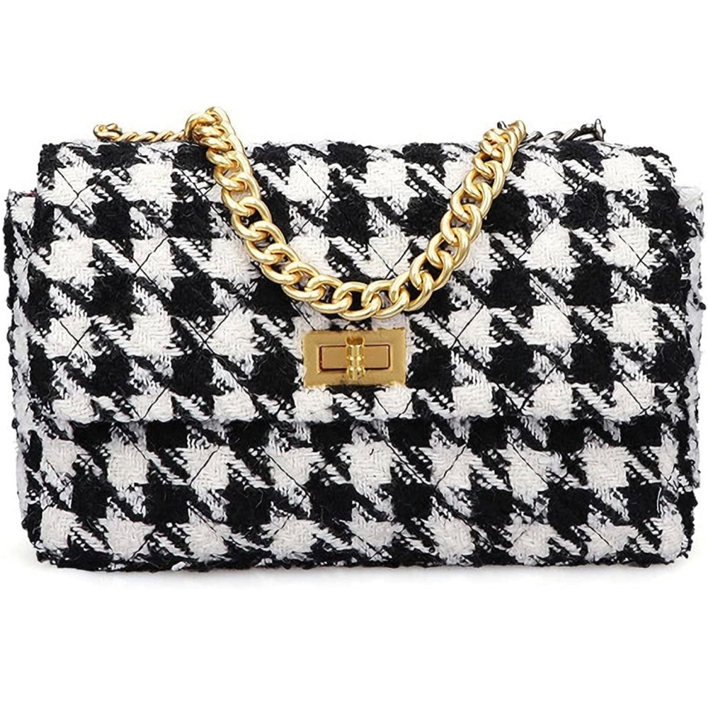 NEW Large Black and White Houndstooth Womens Turnlock Crossbody Shoulder Bag